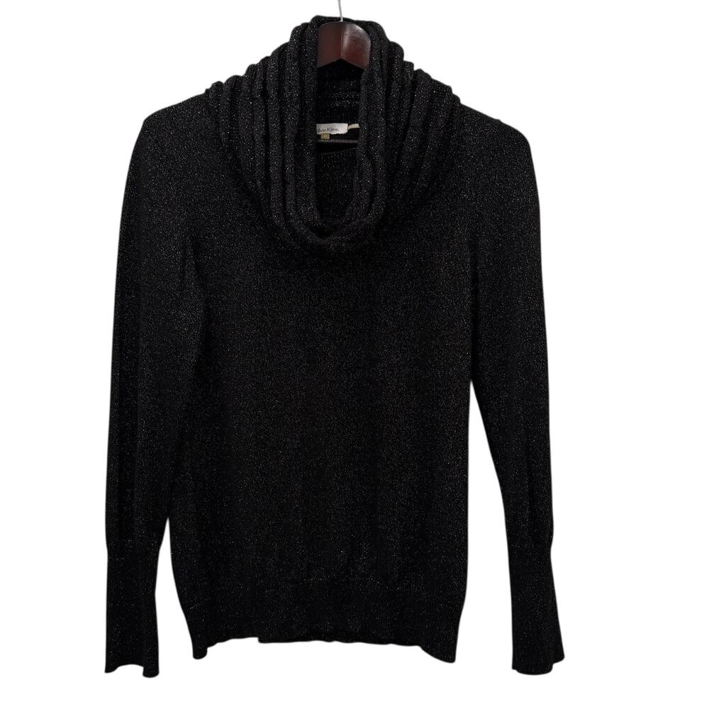 Calvin Klein Sweater Womens M Black Metallic Cowl Neck Knit Pullover Sparkle